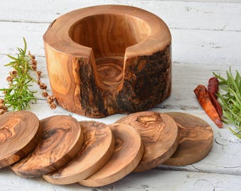 Handgemaakte olijfhouten onderzetters, natuurlijke randen, rustieke houder (6 stuks, 3,1 inch)