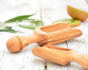 Colher de sal esculpida à mão em madeira de oliveira, utensílio para grãos naturais (seguro para alimentos)