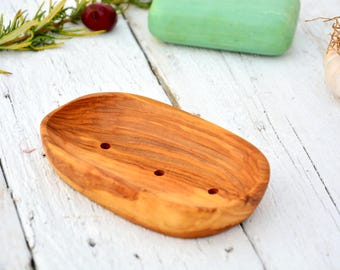 Hand Carved Olive Wood Soap Dish – Rustic Bathroom Accessory, Draining Holder
