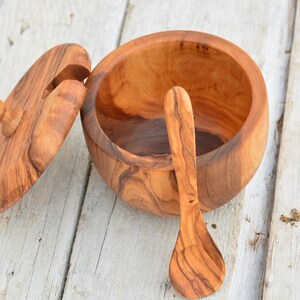 Carved Olive Wood Sugar Bowl Keeper: Rustic Kitchen Decor with Spoon image 8