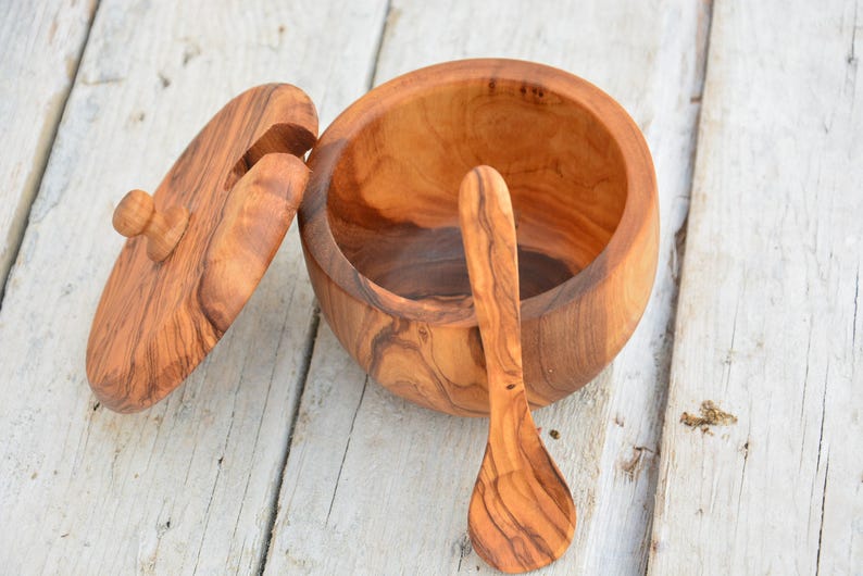 Carved Olive Wood Sugar Bowl Keeper: Rustic Kitchen Decor with Spoon image 8