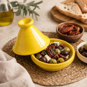 Könnte beinhalten: Eine gelbe Keramik-Tajine-Schale, teilweise geöffnet, gefüllt mit Oliven, sonnengetrockneten Tomaten und Feta-Käse. Die Schale steht auf einem gewebten Platzset, mit zusätzlichen Schalen mit Oliven und Brot im Hintergrund.