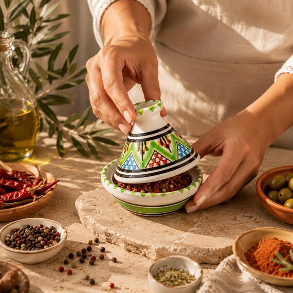 Marokkanischer Mini-Tajine-Gewürzbehälter – Keramik-Salzstreuer mit Deckel, einzigartiges Einzugsgeschenk für Köche und Boho-Küchendekoration