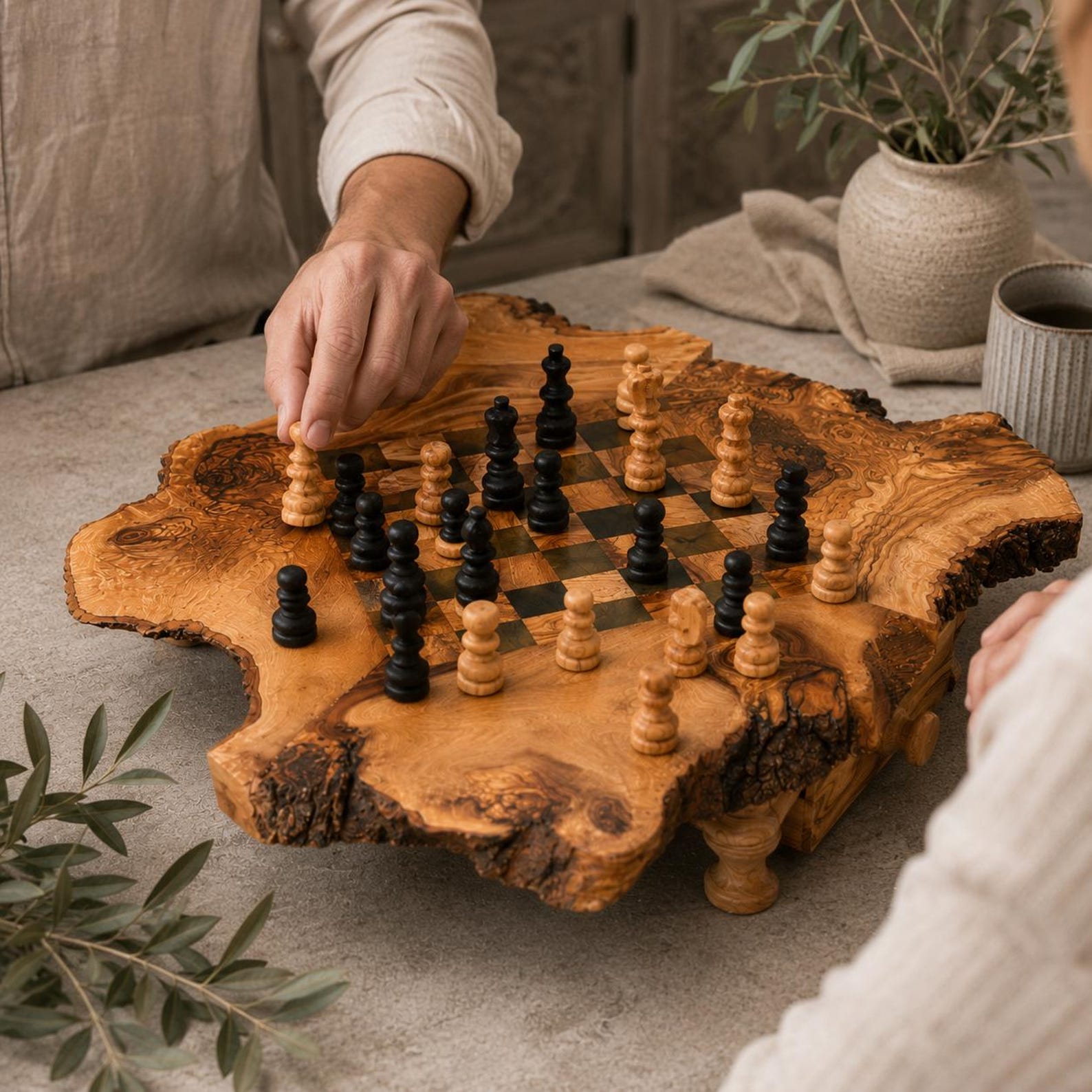 Handmade Olive Wood Chess Set, Rustic Live Edge Chess Board, Wooden Chess Game, Unique Chess Gift, Artisan Home Decor, 14 Inch Board