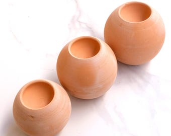 Handmade Terracotta Sphere Candle Holders: Bohemian Natural Clay Trio (Matte Finish)