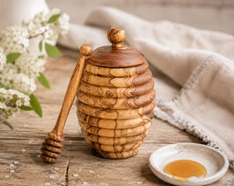 Honigtopf aus Olivenholz mit Löffel, Bienenstock Design Honig Set