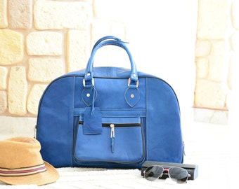 Dark Blue Leather Travel Bag for Women & Mens / Weekender Overnight Duffel Luggage Leather Handbag / Voyage Bag