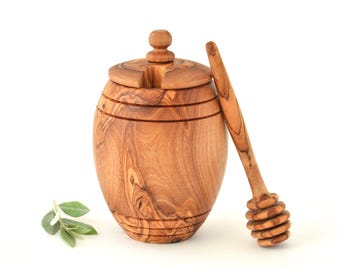 Handmade Olive Wood Honey Pot with Dipper: Rustic Kitchen Decor
