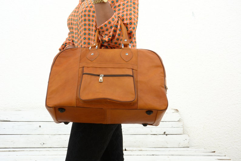 Camel Leather Travel Bag for Men & Women / Weekender Overnight Duffel Luggage Leather Handbag, Holiday Gift image 4