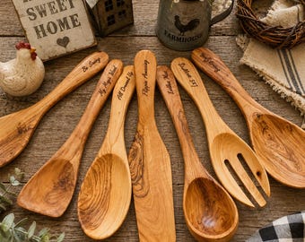 Küchenset 6tlg aus Olivenholz – Handmade Kochbesteck, Küchenhelfer, Kochlöffel & Pfannenwender, Salatbesteck, Holz Küchenutensilien