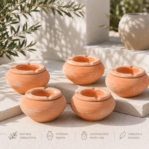 May include: Five terracotta ashtrays with a round design and a central depression for ashes. The ashtrays are a warm orange-brown color and are arranged on a light-colored surface. The image also includes text that says "Natural Terracotta", "Tunisian Design", "Handcrafted with Care", and "Timeless & Durable".