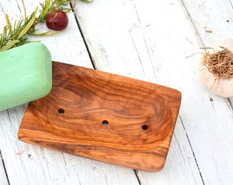 Hand-Carved Olive Wood Soap Dish, Rustic Bathroom Accessory (4.8x3.2 in)
