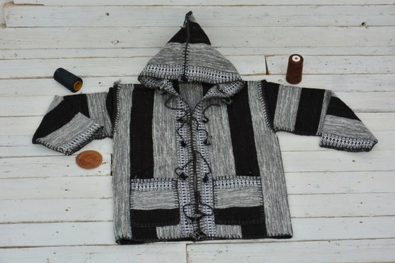 Mens Black & Grey Wool Coat XL Size, Bohemian Hoodie Berber Winter 