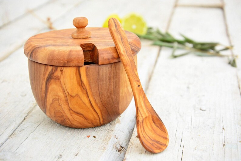 olive wood rustic kitchen storage box salt pepper keeper shakers