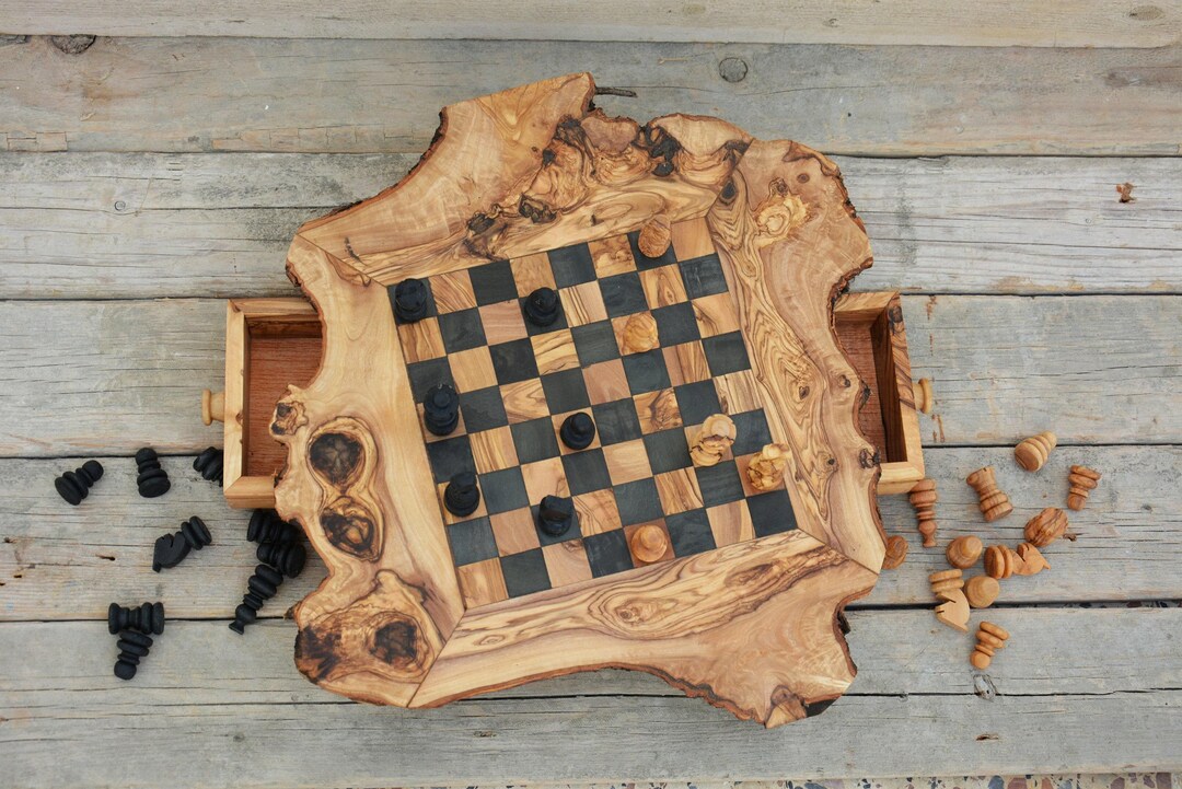 Rustic Chess Pieces Rustic Olive Wood Chess Set: Natural Edge Board, Hand-carved Pieces ...