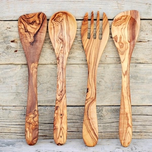 Olive Wood Kitchen Utensil Set: Hand-Carved Serving Spoons