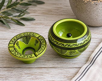 Ceramic Ashtray with Lid, Moroccan Pottery Ashtray, Green Glazed Ashtray, Smokeless Ash Tray, Mediterranean Decor, Gift for Smokers