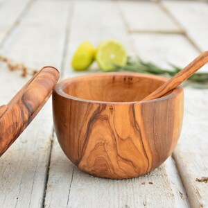 Carved Olive Wood Sugar Bowl Keeper: Rustic Kitchen Decor with Spoon image 6