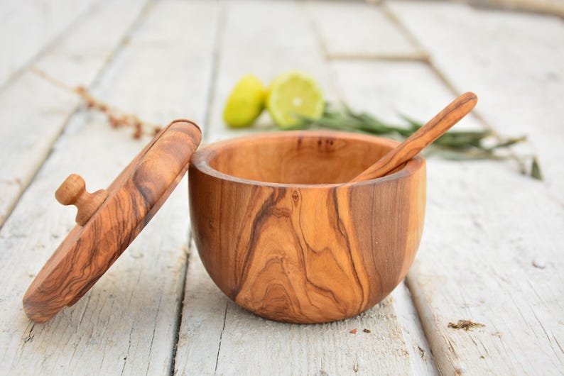 Carved Olive Wood Sugar Bowl Keeper: Rustic Kitchen Decor with Spoon image 6
