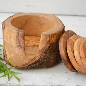 Handmade Olive Wood Coaster Set with Rustic Holder