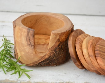 Set van 5 olijfhouten onderzetters met houder met natuurlijke rand, handgemaakt rustiek keukendecor