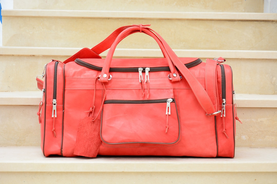 Red Leather Duffle Luggage Bag Engraved Personalized Sports Etsy