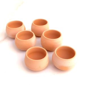 May include: Six small, round, terracotta-colored clay pots are arranged on a white surface. Each pot has a wide opening and a rounded base. The pots are unglazed and have a natural, earthy appearance.