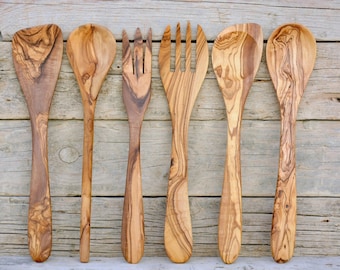 Olive Wood Utensils Set – 6-Piece Natural Grain Cooking Tools (12 inch)