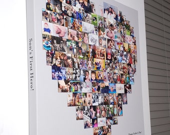 May include: A white canvas print featuring a heart-shaped collage of numerous photographs. The photos are arranged to form a heart shape. Text on the side reads "Son's First Hero!". At the bottom, text reads "Happy Father's Day! Love, Mommy, Logan & Aurora."