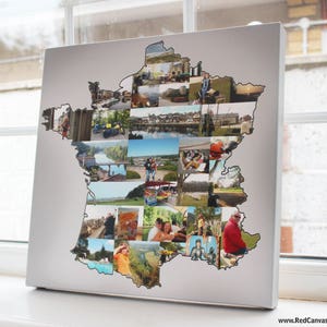 Frankreich Karte Fotocollage - 40 x 40 cm Leinwand - Landkarte Form Collage - Urlaubsreise Collage