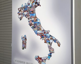 May include: A canvas print in the shape of Italy, filled with numerous photographs. The text "Our Italian Adventure - August 2022" is printed at the bottom. The print is mounted on a white wall.