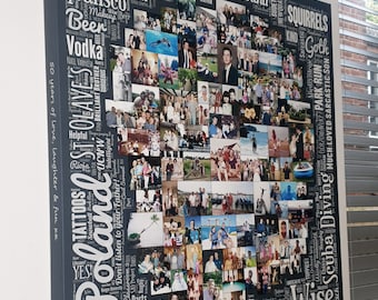 May include: A framed photo collage on a dark gray background, featuring numerous small photos and text elements. The text includes words like "Poland," "Amazing Dad," and "Incredible Husband."