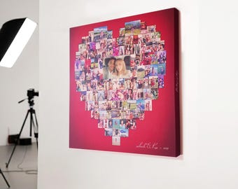 May include: A heart-shaped photo collage on a red background. The collage is composed of numerous small photos, with a central image of a couple. The artwork is signed and dated.