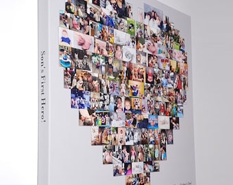 May include: A white canvas print featuring a heart-shaped collage of family photos. The text "Son's First Hero!" is printed vertically on the side. The bottom right corner reads "Happy Father's Day! Love, Mommy, Logan & Aaron."