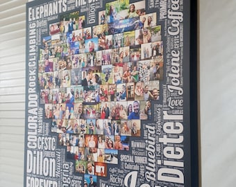 May include: A framed photo collage with a dark blue background. The collage is filled with numerous photos and text elements, including names and phrases like "Love," "Forever," and "The Daytona." The photos are of various sizes and orientations.