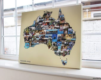 Australia Map Photo Collage - Hand Made Custom Designed Canvas - Country Map Shape Collage - Holiday Travel Collage