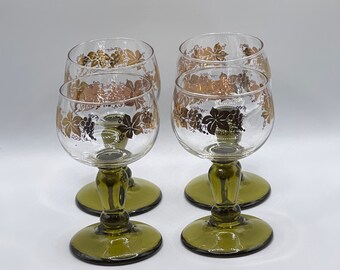 4 Luminarc France Roemer Wine Glasses Etched Grapes Green Beehive Stem 8 oz  #39 