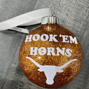 UT University of Texas Inspired Hook ‘Em Horns Orange Glitter Plastic Disc Christmas Tree Ornament