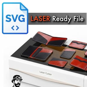 May include: A white laser cutter displaying several leather wallets in red, black, and grey. The wallets are open and closed, showing their design. The image includes the text "SVG Laser Ready File" and a logo with the text "TONY SEE PATTERNS".