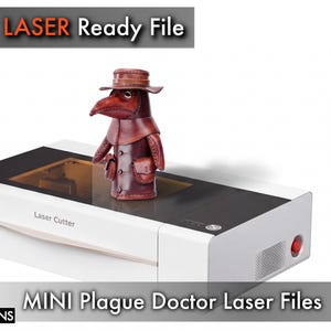 May include: A brown leather plague doctor figurine with a wide-brimmed hat and long beak mask, displayed on a white and black laser cutter machine. The image includes text reading SVG LASER Ready File and MINI Plague Doctor Laser Files.
