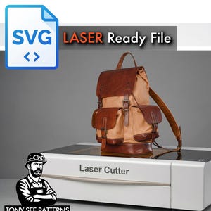 May include: A tan and brown leather backpack with multiple pockets and straps sits on a white laser cutter. The image includes the text "SVG Laser Ready File" and a cartoon illustration of a man.
