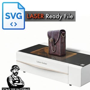 May include: A white laser cutter machine with a dark brown leather pouch placed on top. The image includes an SVG icon, the text "LASER Ready File", and a logo with the text "TONY SEE PATTERNS" featuring a bearded man in a hat.