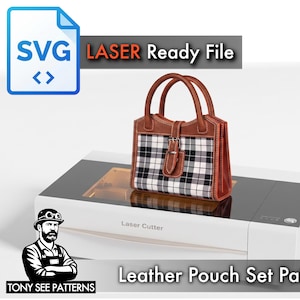 May include: A small handbag with brown leather handles and trim, featuring a black, white, and gray plaid fabric body with a central buckle strap. The bag sits on a white laser cutter machine. Text includes SVG, LASER Ready File, and Leather Pouch Set Patterns.
