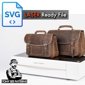 May include: Two brown leather briefcases with buckles and handles sit on a white laser cutter. The image includes the text "SVG Laser Ready File" and a logo with the text "TONY SEE PATTERNS".