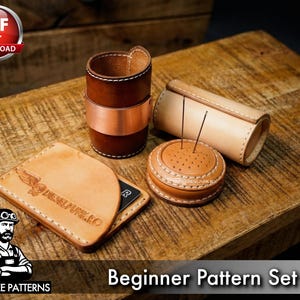 Conjunto de patrones de cuero: Tarjetero, vaso y alfiletero (Descarga PDF)