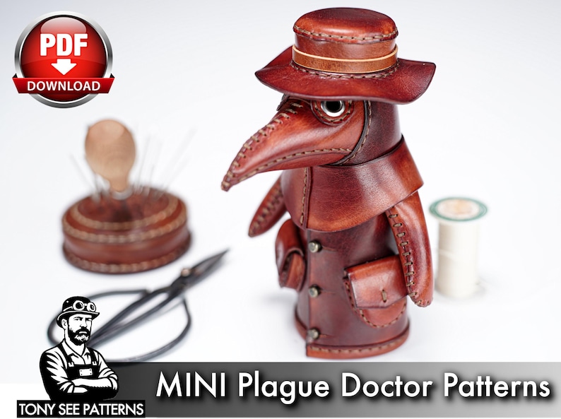 May include: A brown leather plague doctor figurine featuring a wide-brimmed hat, a long beak mask, and a coat with small pockets. The set includes a circular pin cushion, metal scissors, and a spool of white thread. Text reads PDF DOWNLOAD.