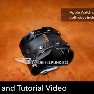May include: Black leather Apple Watch band with silver studs and a Dieselpunk.ro logo. The band is shown on a brown surface.  Apple Watch straps both sizes included. Pattern and Tutorial Video. PDF Download.
