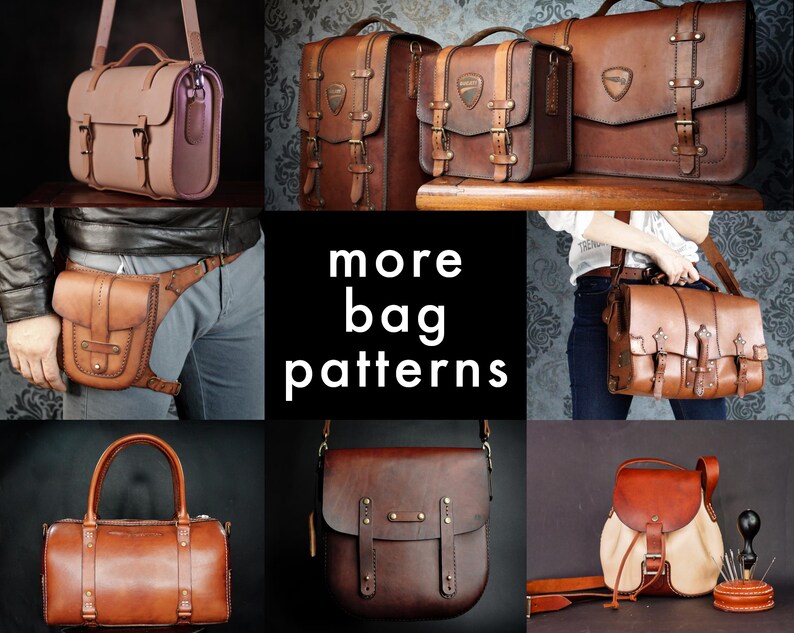 a collage of different types of leather bags