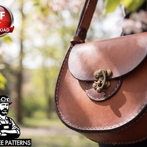 May include: A brown leather saddlebag with a curved flap and a decorative clasp. The bag has a stitched border and a shoulder strap. The image also includes a "PDF DOWNLOAD" graphic and a logo that says "TONY SEE PATTERNS".