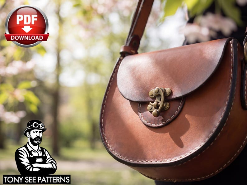 May include: A brown leather saddlebag with a curved flap and a decorative clasp. The bag has a stitched border and a shoulder strap. The image also includes a "PDF DOWNLOAD" graphic and a logo that says "TONY SEE PATTERNS".